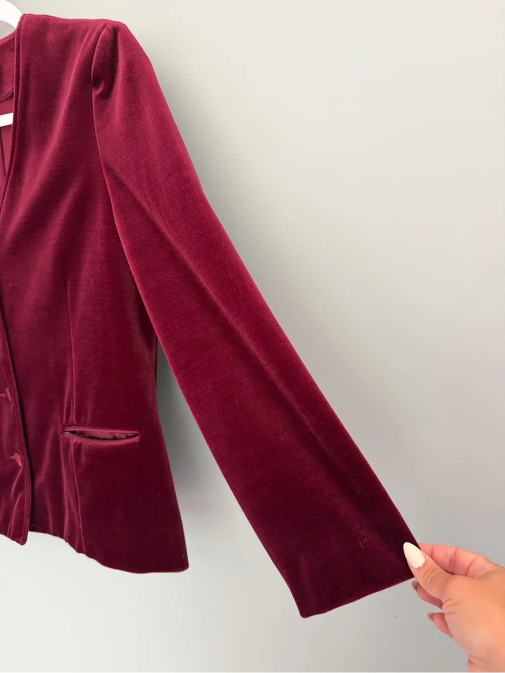 Vintage 80s Act III Burgundy Wine Velvet 4 Button Collarless Blazer Union Made
